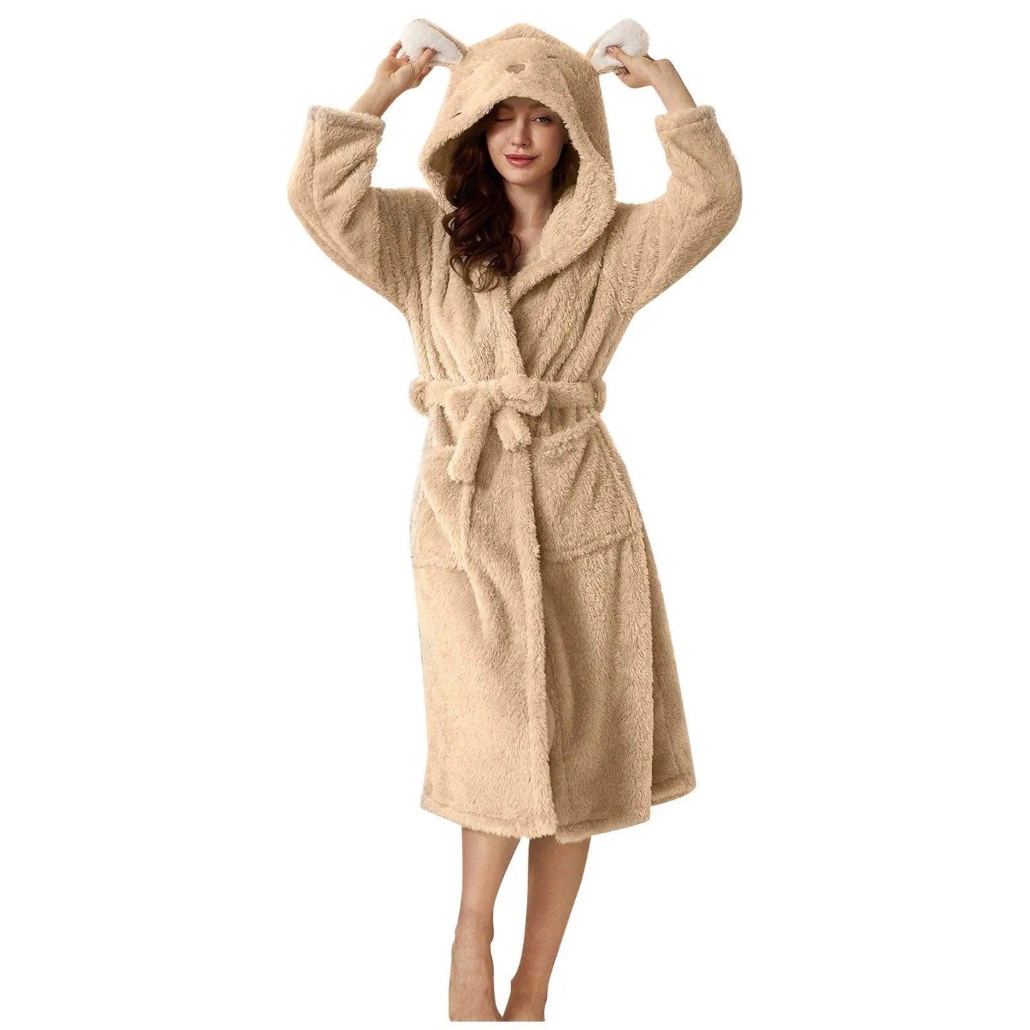 Autumn Cute Rabbit Ear Women's Flannel Bath Robes Thicken Warm Hooded Wine Blue Green Bathrobes Ladies Lace-up Velvet Pajamas - E-line.com