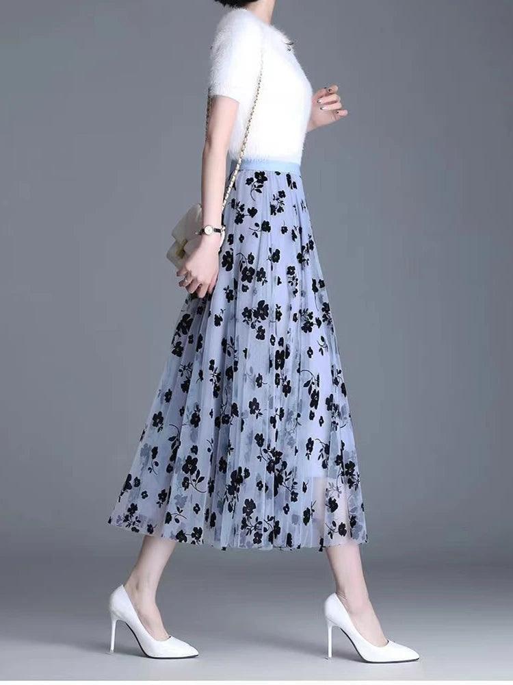 Mesh Floral Skirt For Women 2024 Spring New Lace Flocking Fashion Big Swing Elastic High Waisted Elegant Mujer Party A-Line - E-line.com