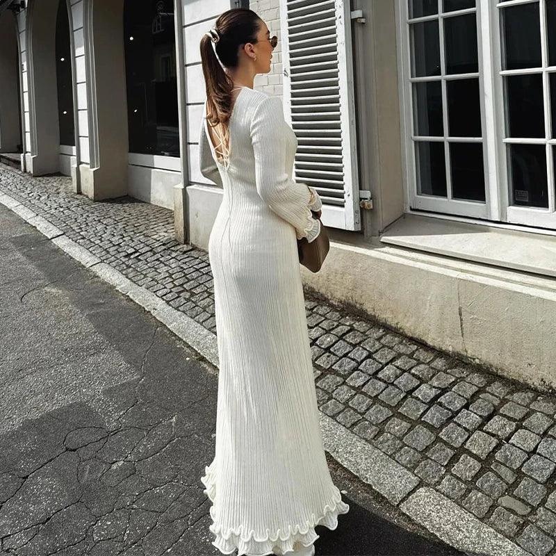 Fashion Flared Sleeves Lace Hem Maxi Dress Lady Elegant Solid Back Lace Up Long Dress Female Casual Streetwear Club Party Robes - E-line.com