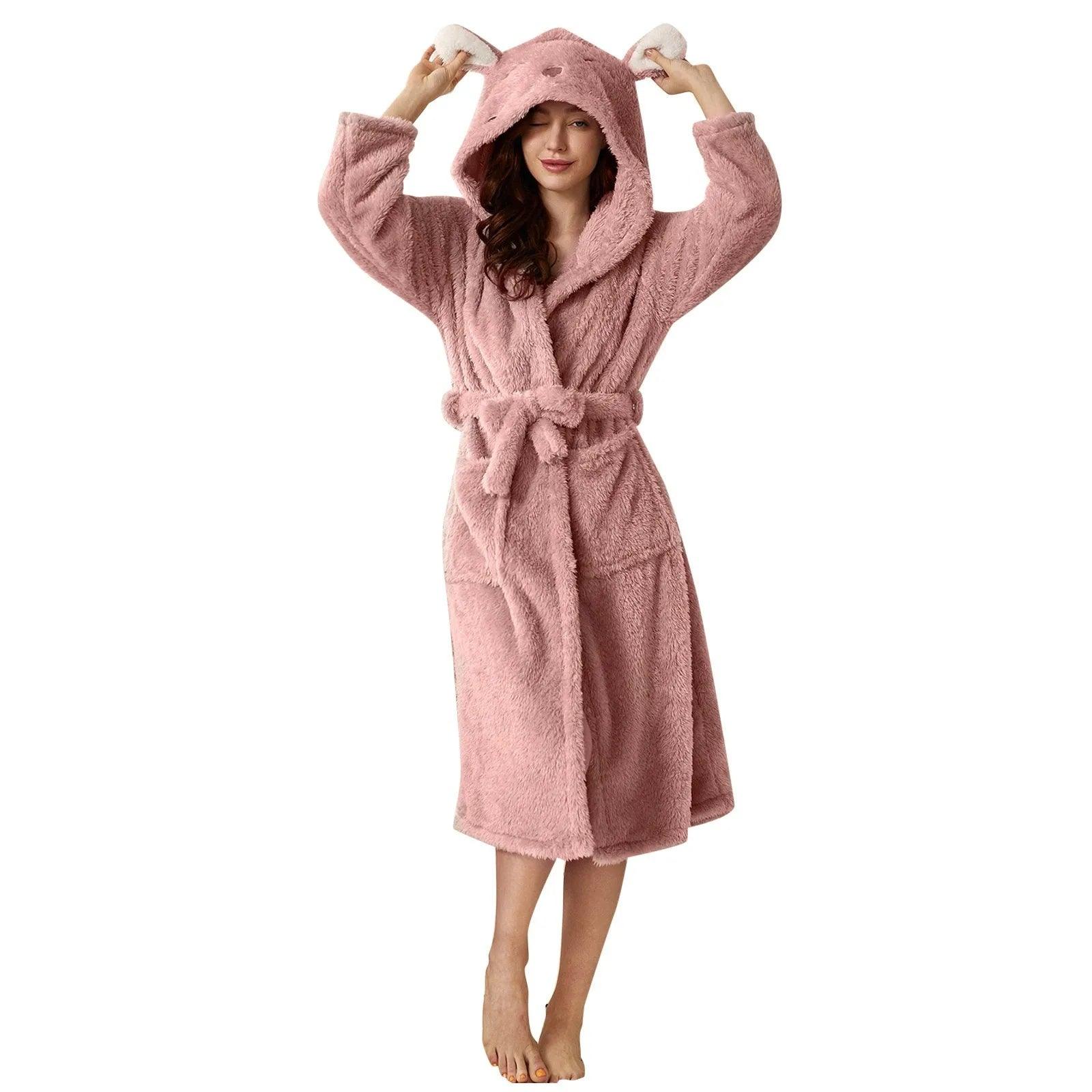Autumn Cute Rabbit Ear Women's Flannel Bath Robes Thicken Warm Hooded Wine Blue Green Bathrobes Ladies Lace-up Velvet Pajamas - E-line.com