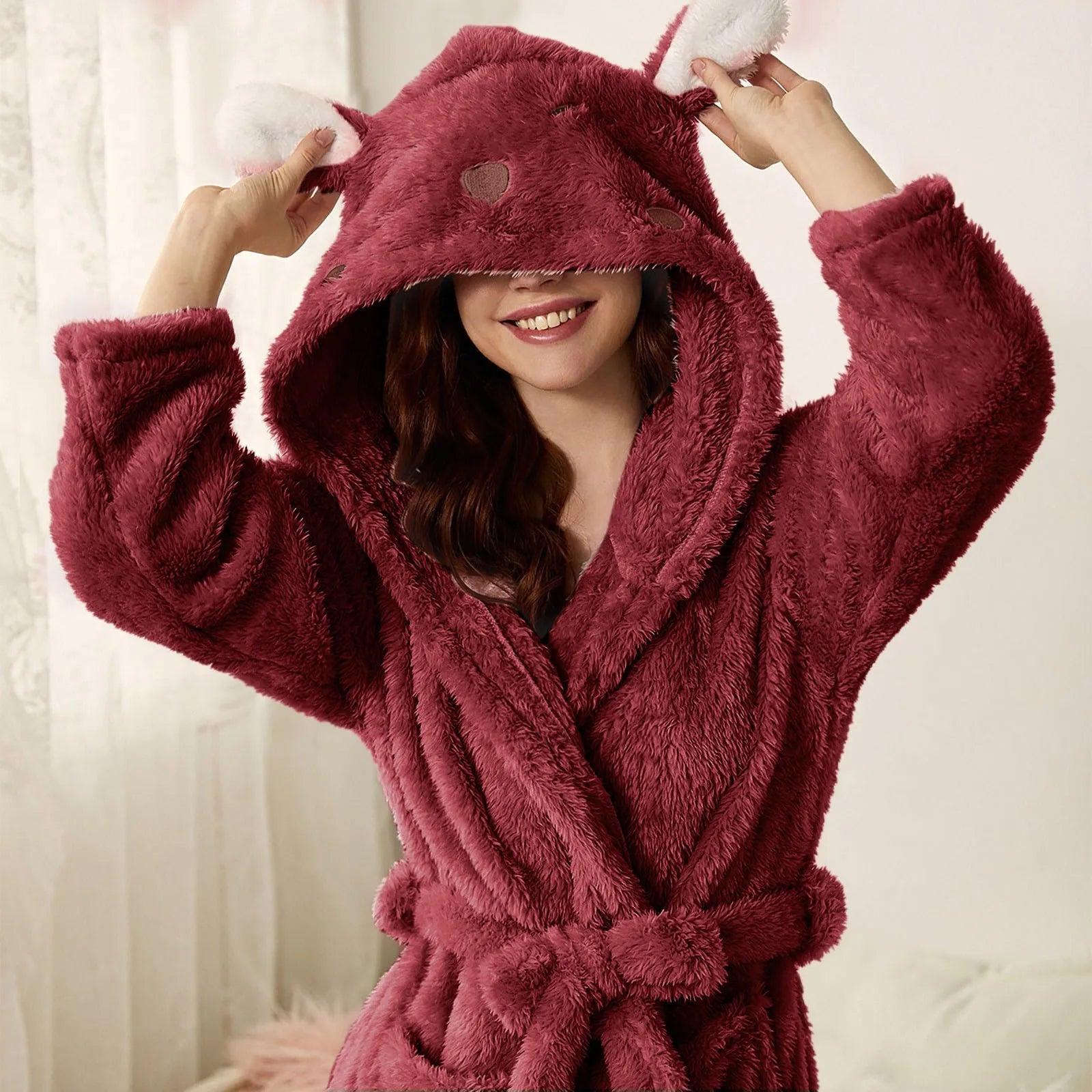 Autumn Cute Rabbit Ear Women's Flannel Bath Robes Thicken Warm Hooded Wine Blue Green Bathrobes Ladies Lace-up Velvet Pajamas - E-line.com