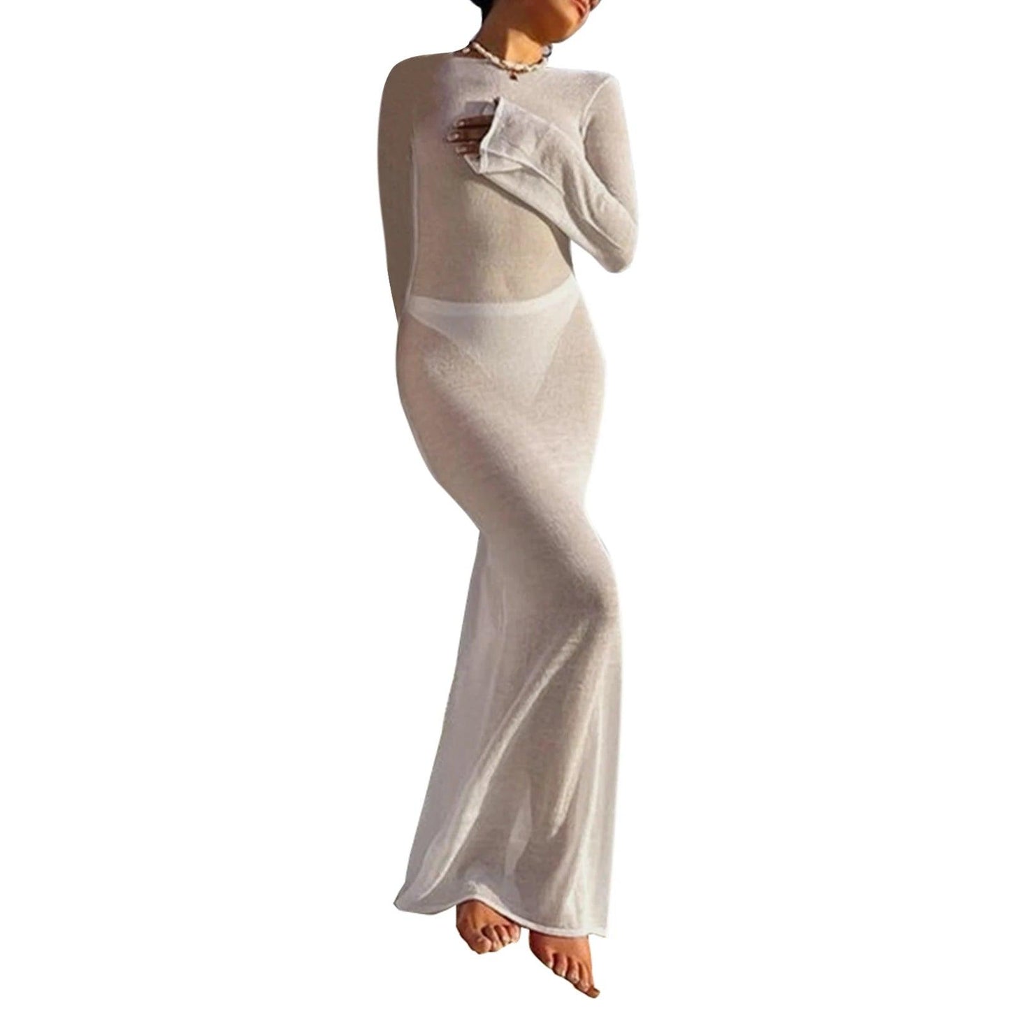 Fashion Women Wrapped Dress Long Sleeve Round Neck See Through Sunscreen Solid Color Backless Beach Long Dress Summer Cover Up - E-line.com